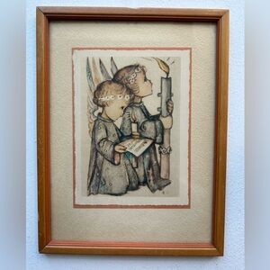 Vintage Art Framed Angel Print Brown Cream Angelic Wood Wall Hang Cottagecore